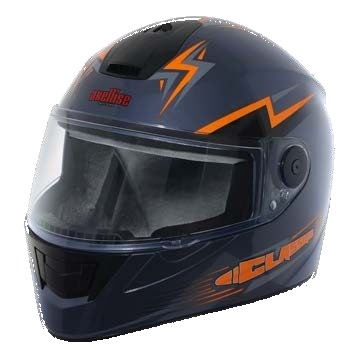 Axellise Thunderbolt Orange Blue helmet, front three-quarter view